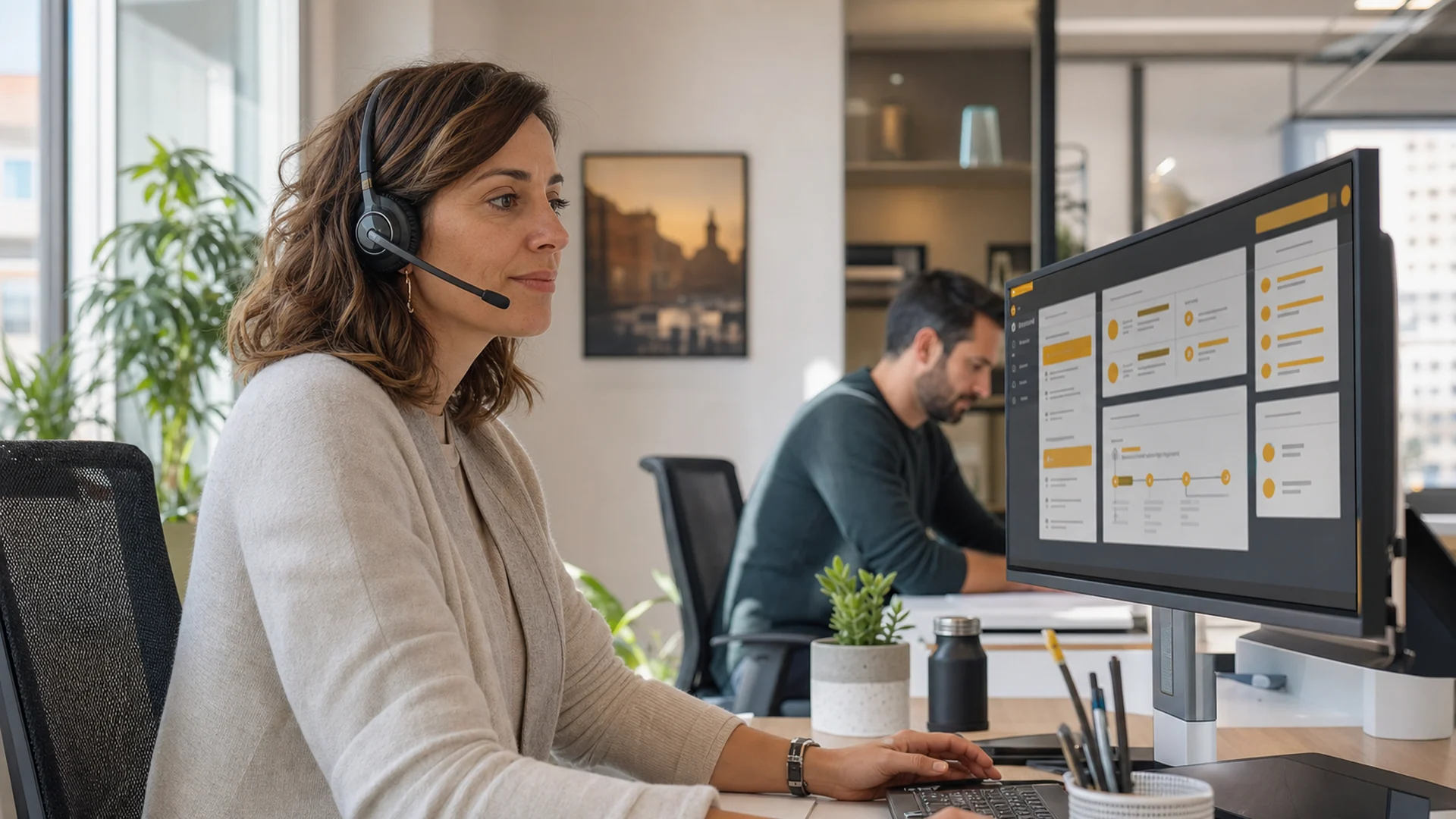 Responsable de atención al cliente supervisando un agente de IA conectado con el CRM