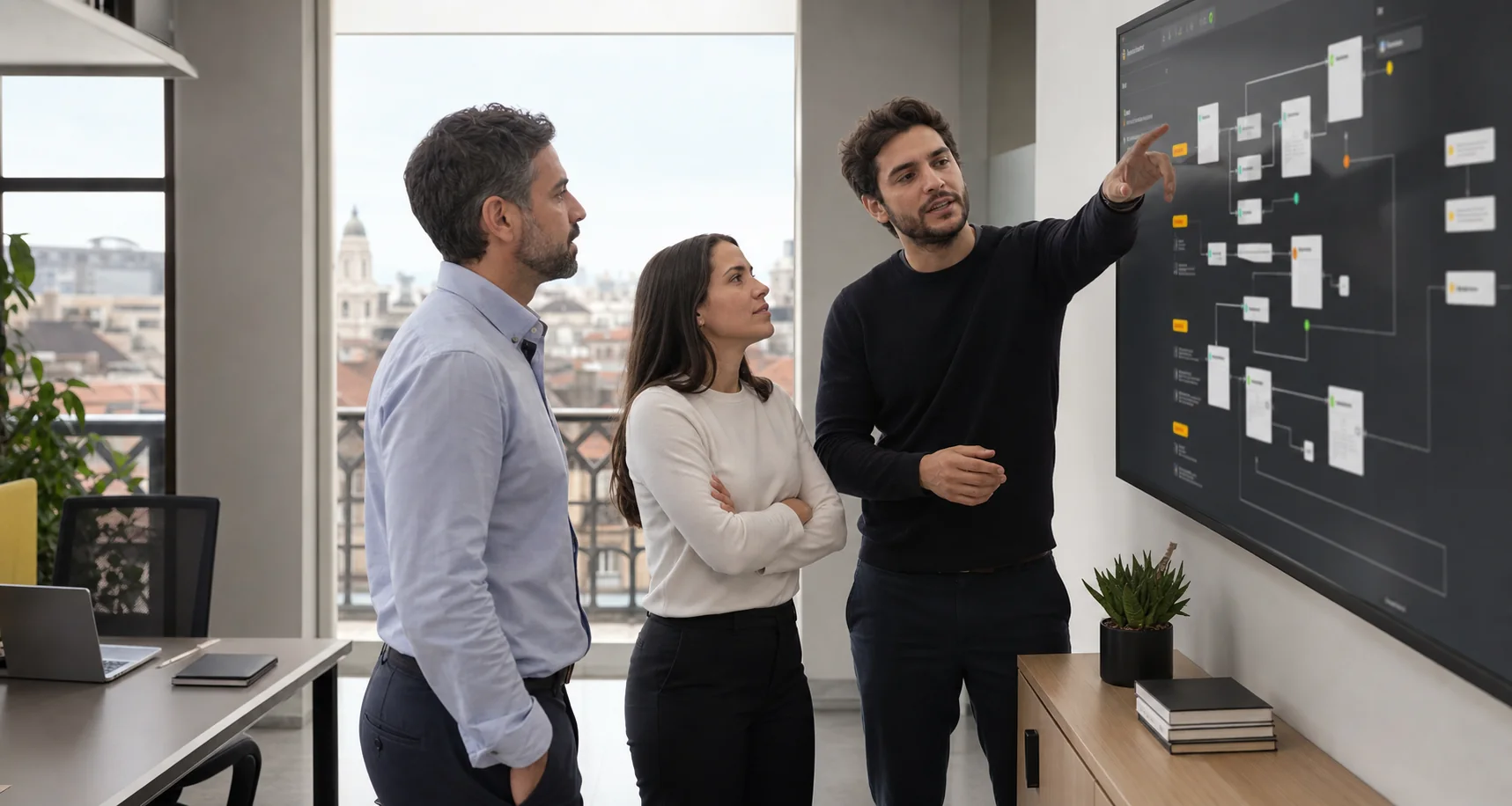 Equipo de operaciones español revisando un flujo de automatización de procesos con inteligencia artificial