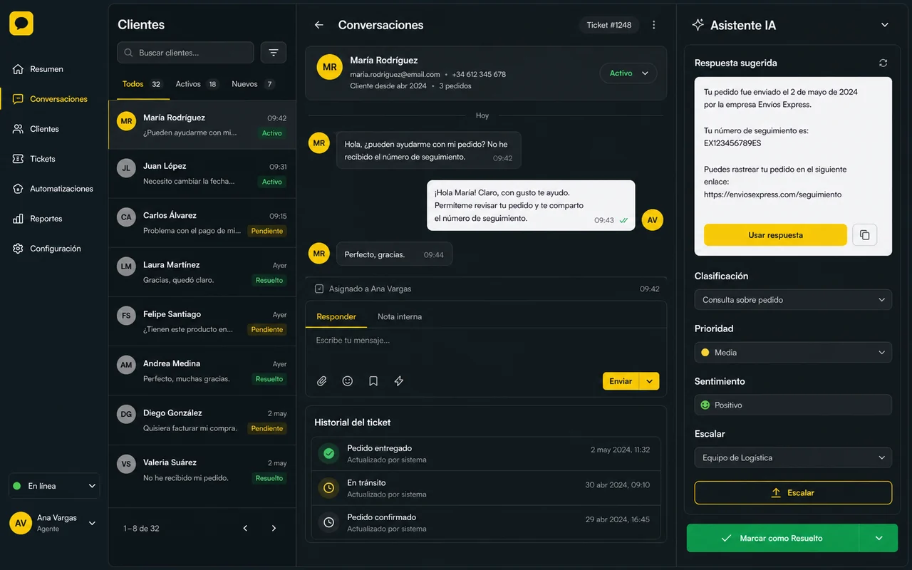 Interfaz de un CRM a medida con agente IA de atención al cliente